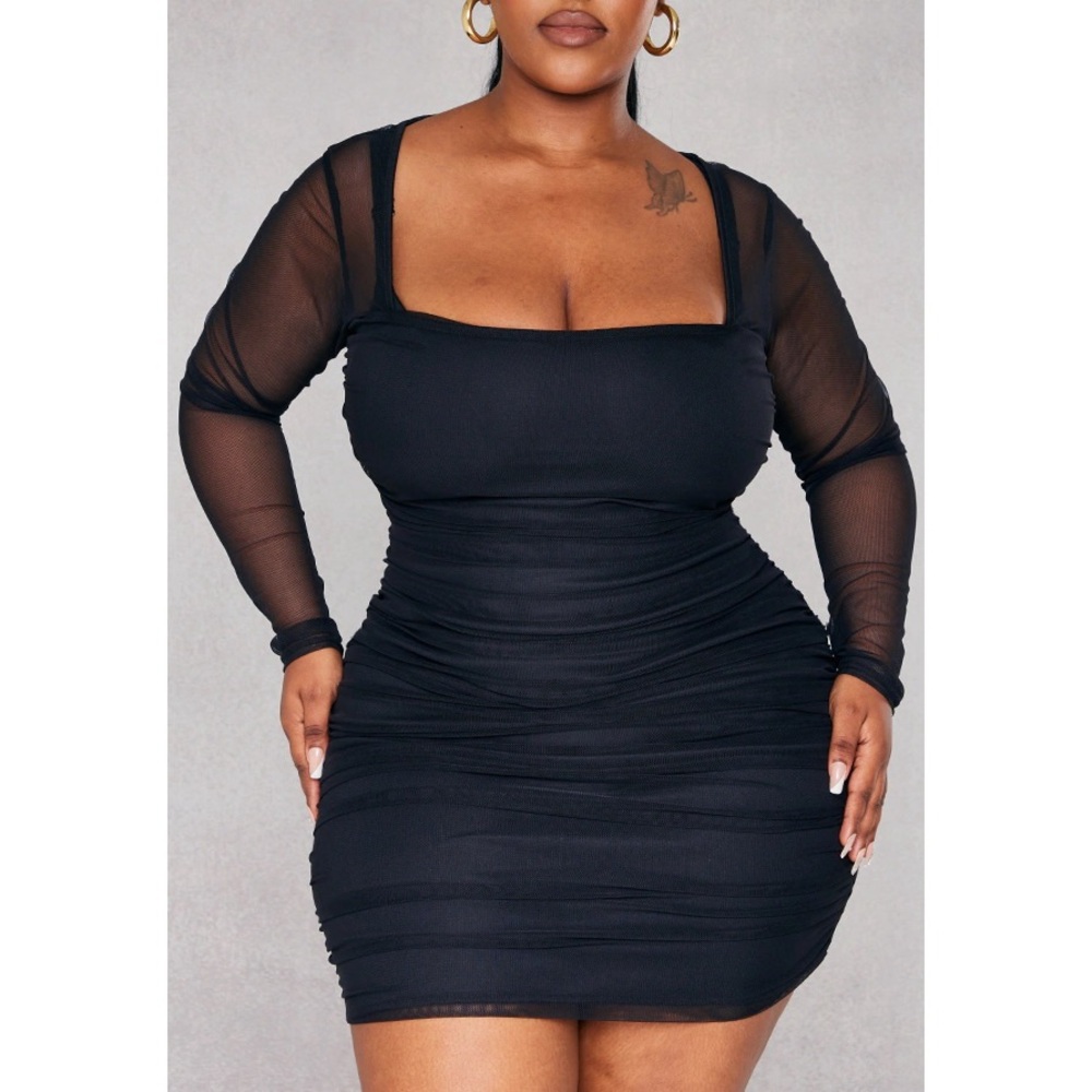 NWT PrettyLittleThing Plus Black Mesh Square Neck Ruched Bodycon Dress Size 20